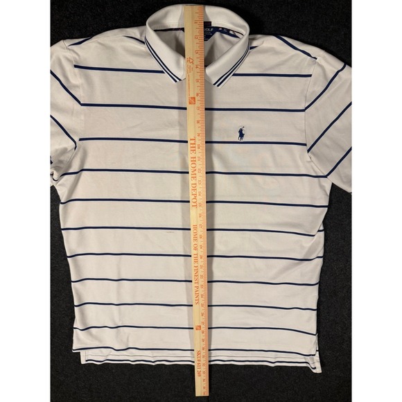 Ralph Lauren Polo Golf Mens XL Beige Navy Stripe Performance Polo Shirt Tip Top - Picture 6 of 10